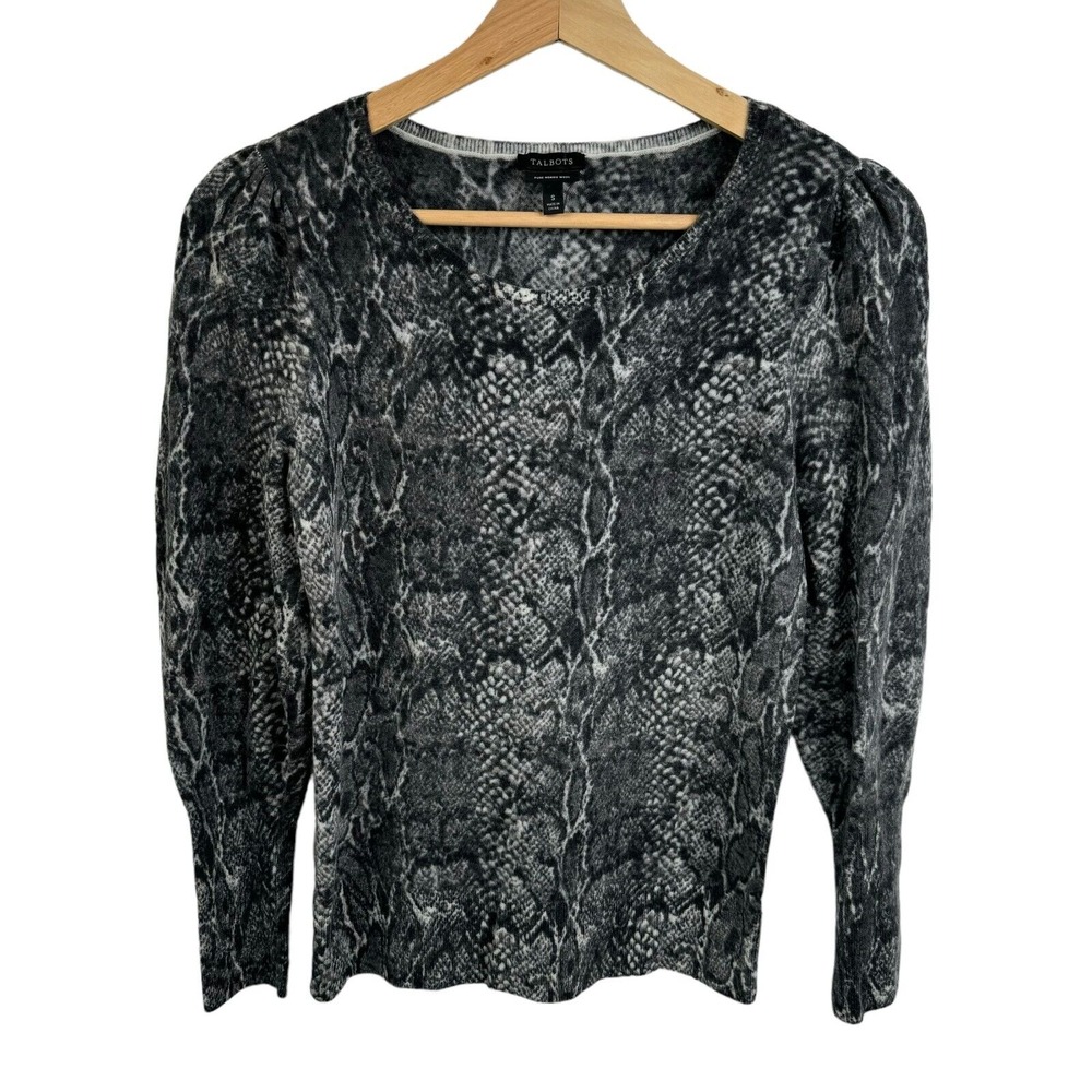Talbots Pure Merino Wool Women Sweater Sz S Long sleeve Crew neck Gray Snake Pri